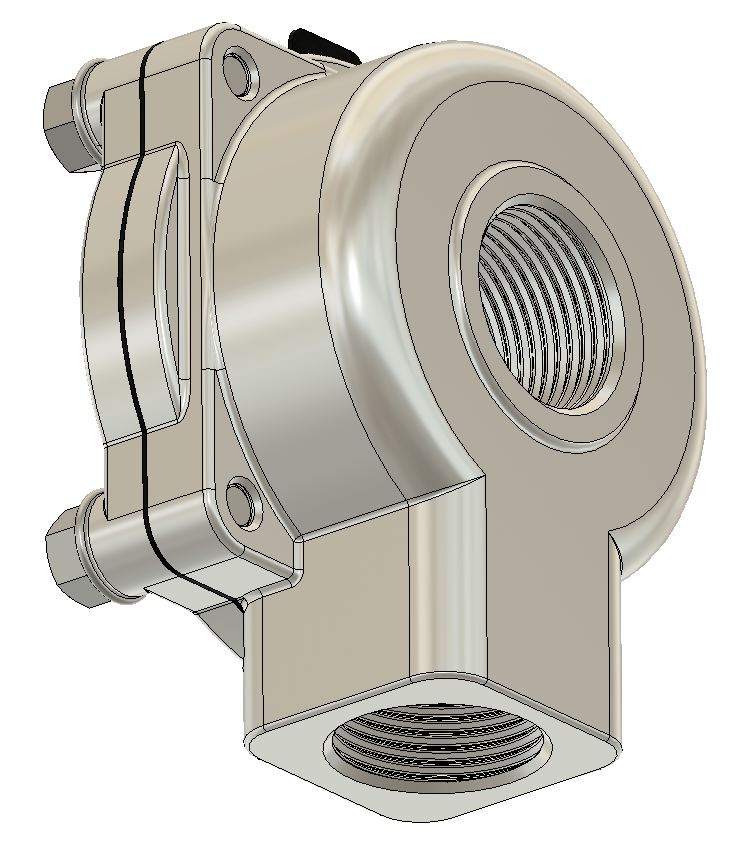 GOYEN RCAC25T4002隔膜阀的3D模型。该阀本身是一个空气脉冲控制阀，用于瞬间喷射空气。阀门有1英寸NPT入口和出口，以及用于脉冲控制的1-8英寸NPT端口